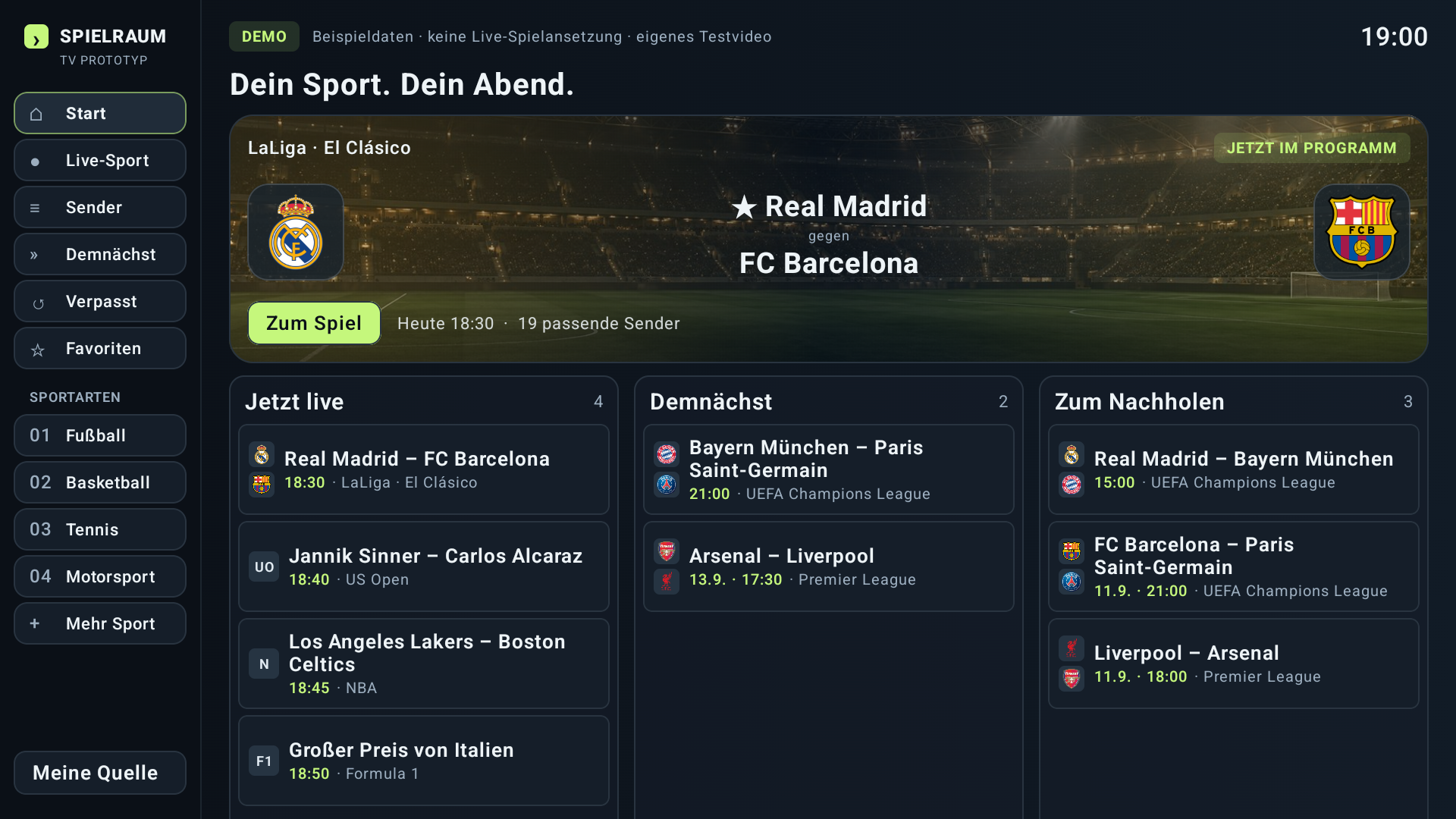 Real Madrid gegen FC Barcelona mit Vereinswappen als Highlight. Darunter Live-Sport, kommende Spiele und drei Wiederholungen.